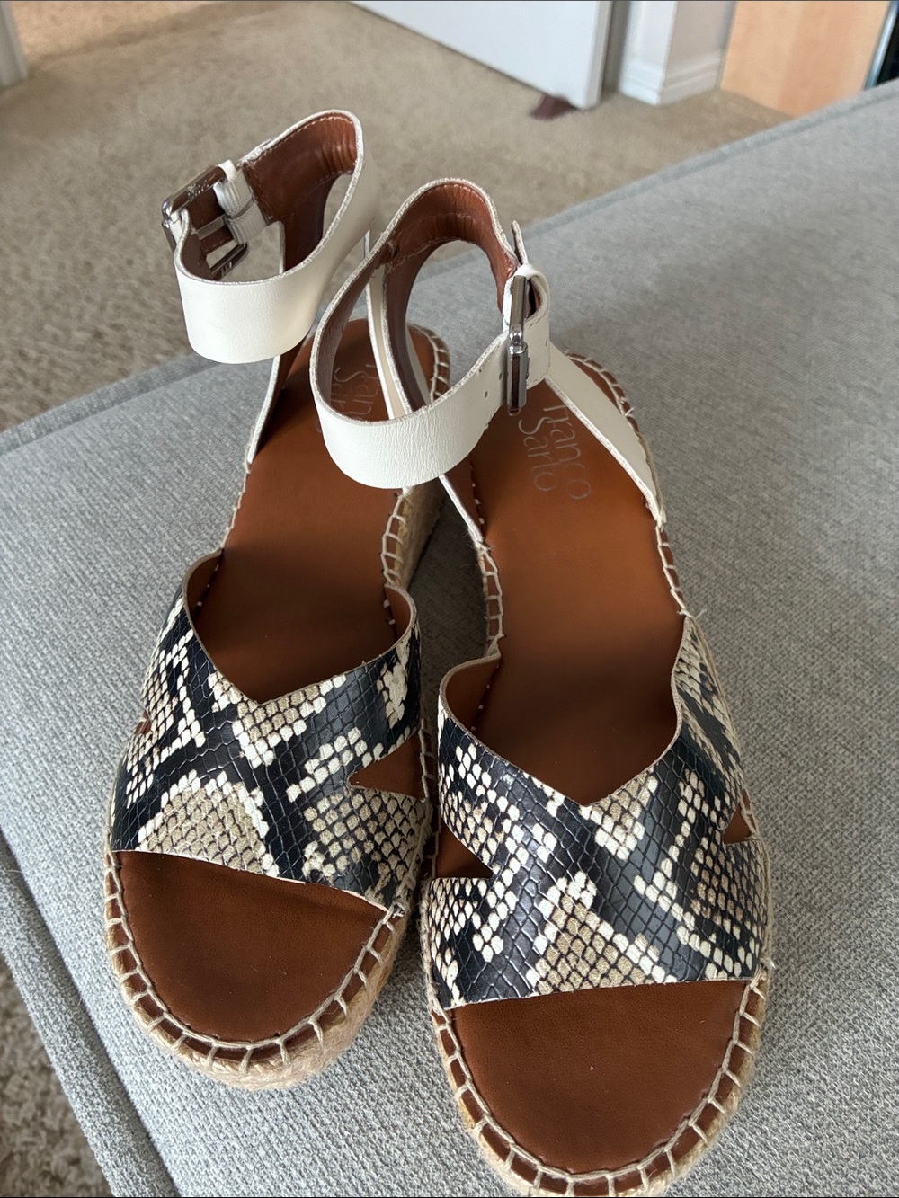 Franco Sarto Snake Print Espadrille Sandals with White Ankle Strap